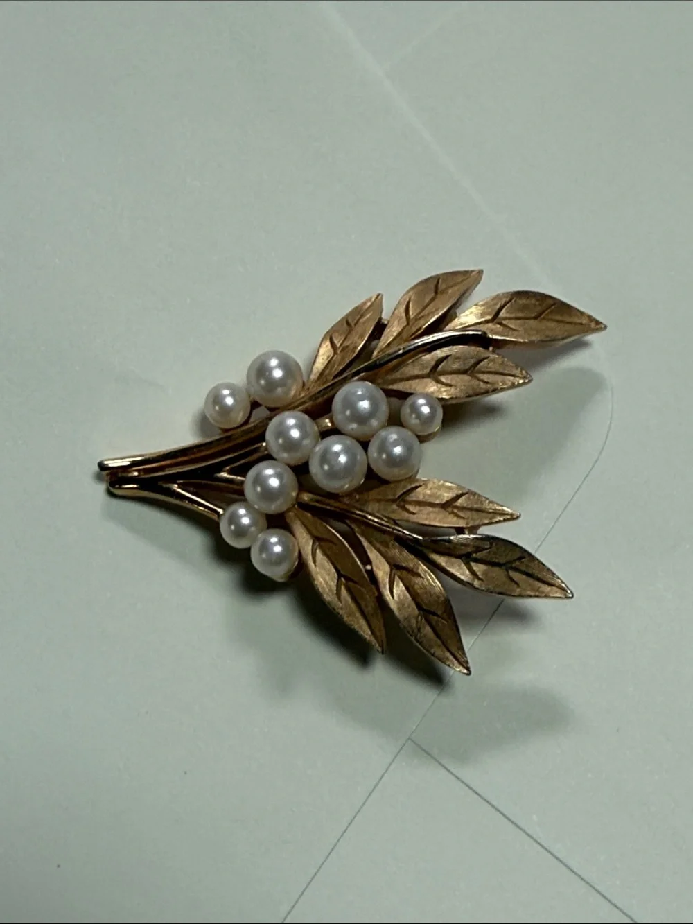 Vintage Crown Trifari Goldtone and Faux Pearl Leaf Brooch